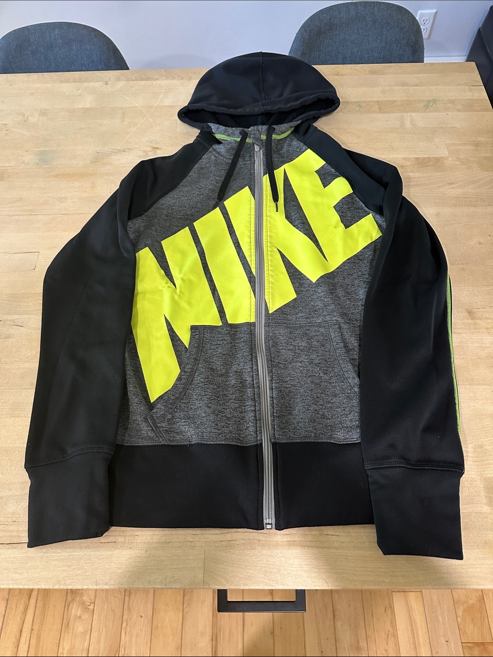 Nike Men’s Black & Gray Zip Hoodie with Neon Yellow Logo